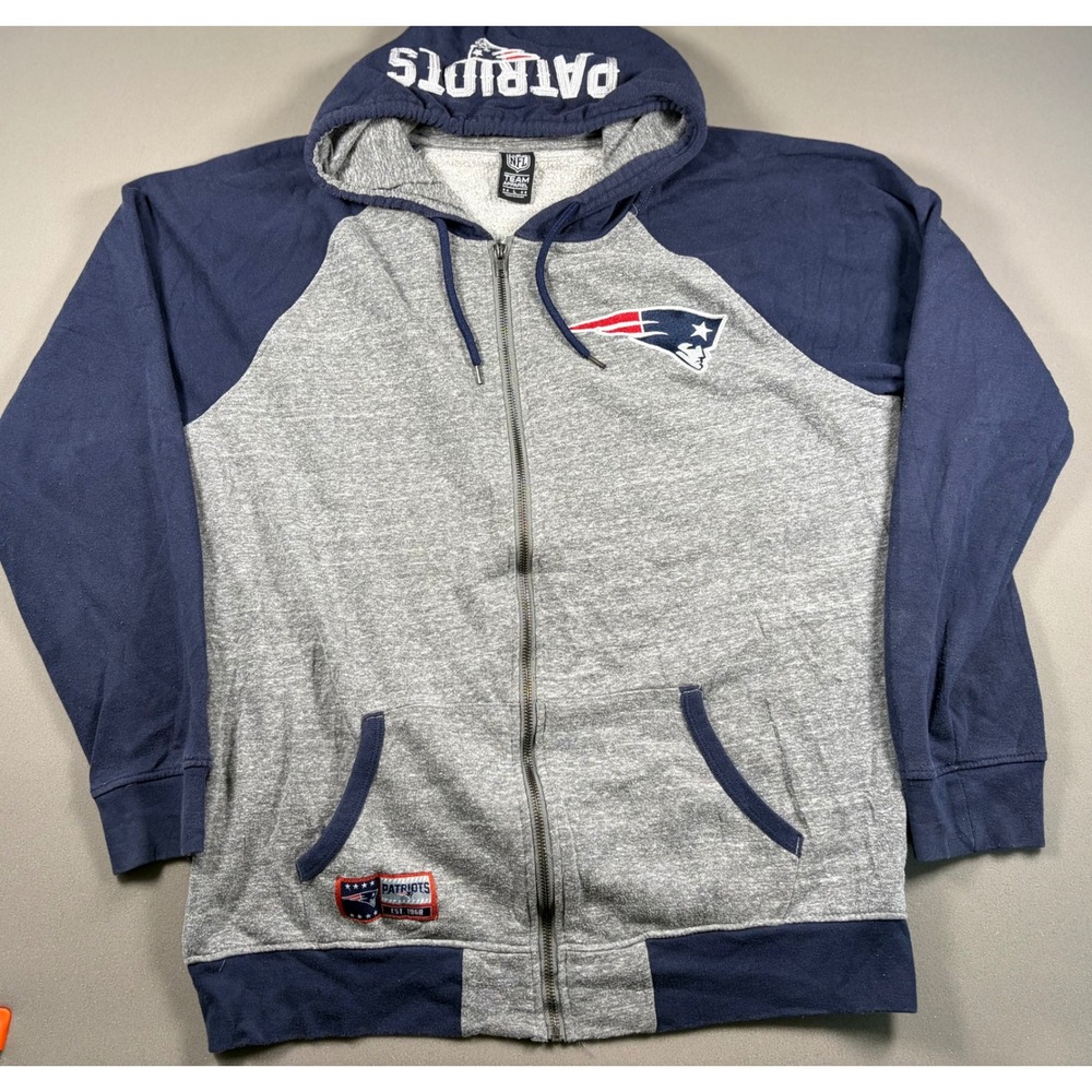 New England Patriots NFL Team Apparel Full Zip Hoodie Mens Large Gray Navy Blue